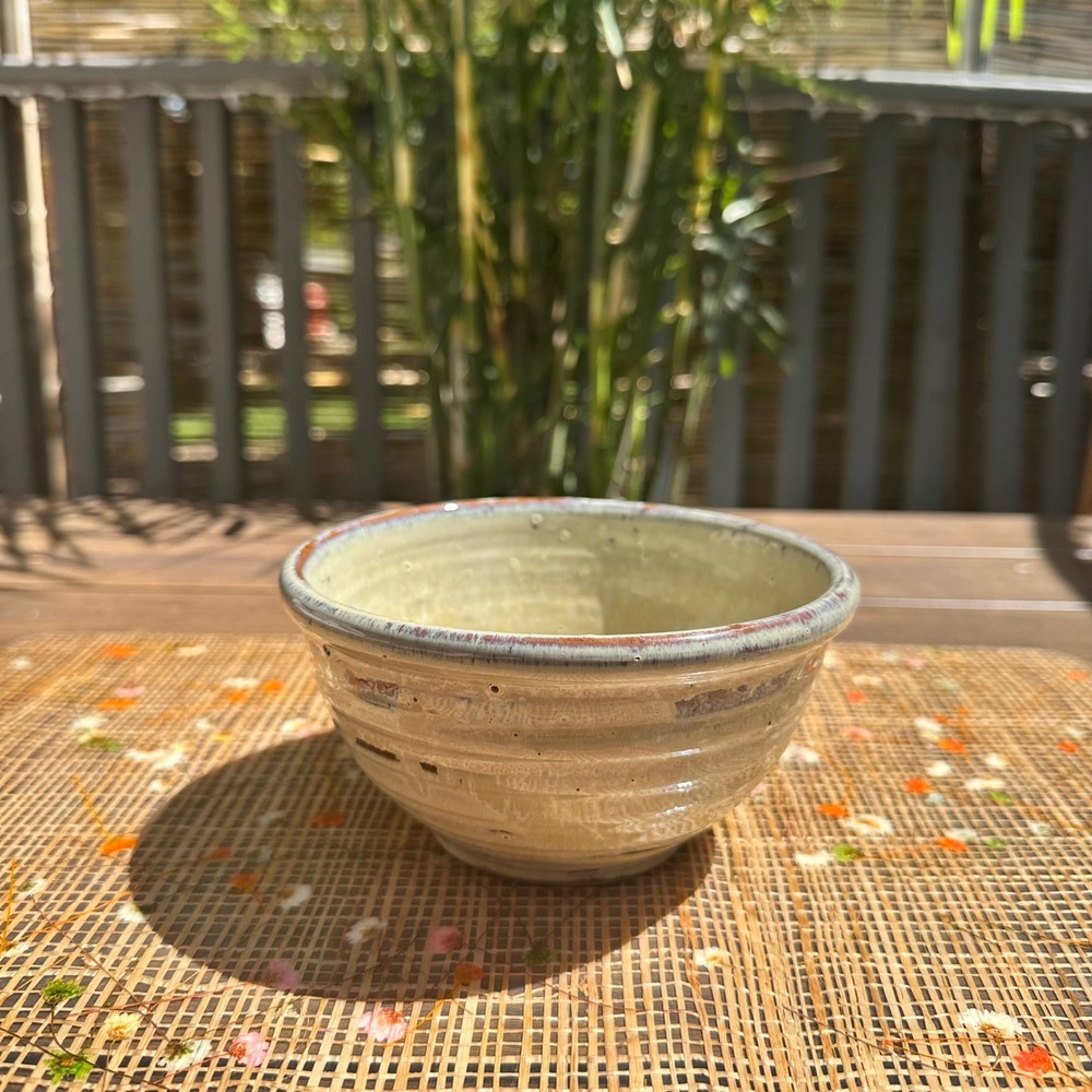 Handmade Studio Pottery Bowl Signed 2022 Neutral Glaze Ribbed Ceramic Drip